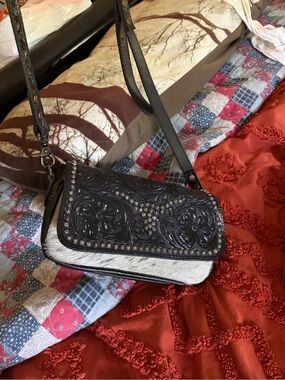 Women's Black Tooled Leather & White Hair-On Crossbody Bag